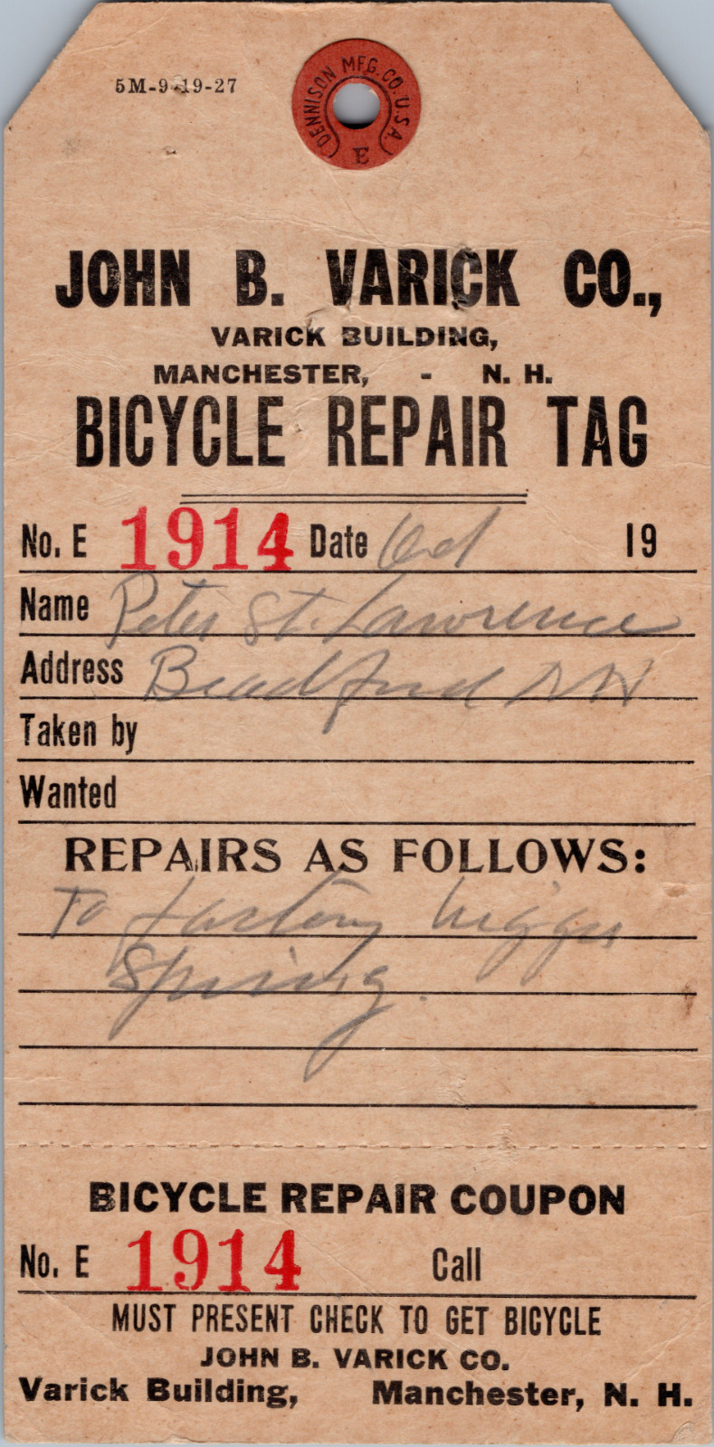 Antique Vintage John B. Varick Co. Bicycle Repair Tag - VERY RARE NH