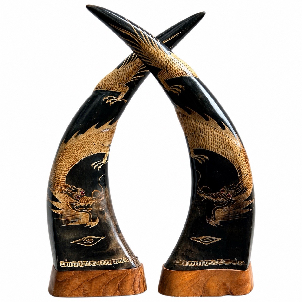 Vintage Carved Water Buffalo Horn Dragon Sculptures Pair Asian Folk Art 14” Tall