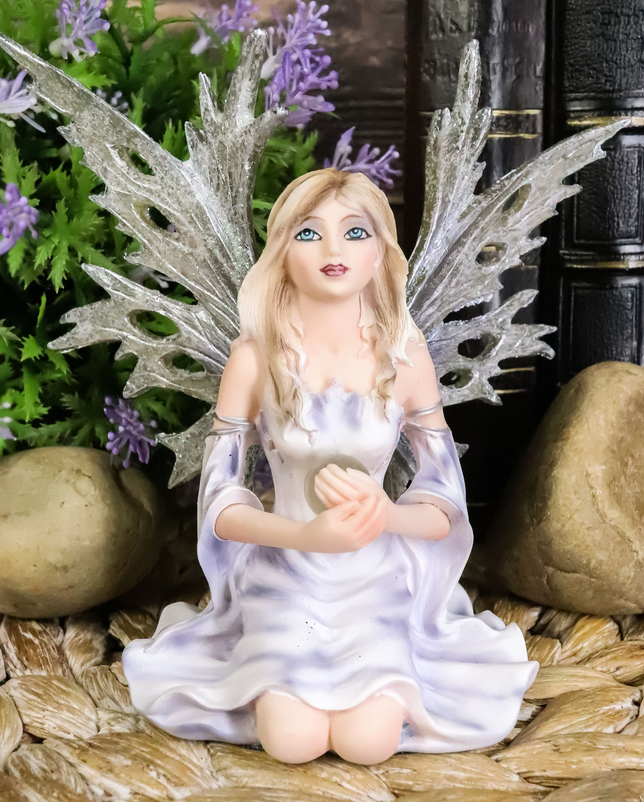 Kneeling Winter Fairy Holding Crystal Ball Statue 4.5\