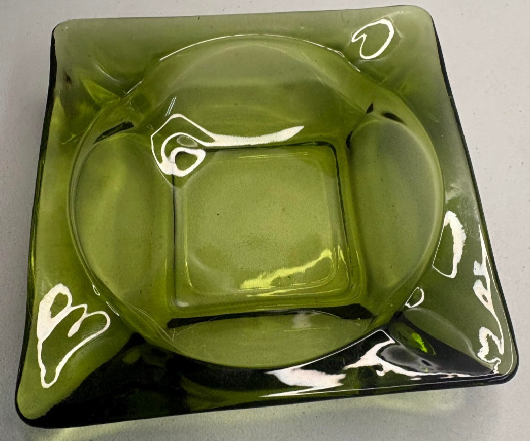 Vintage Olive Green Glass Square Ashtray 4 Rest Deep Center 7 Oz