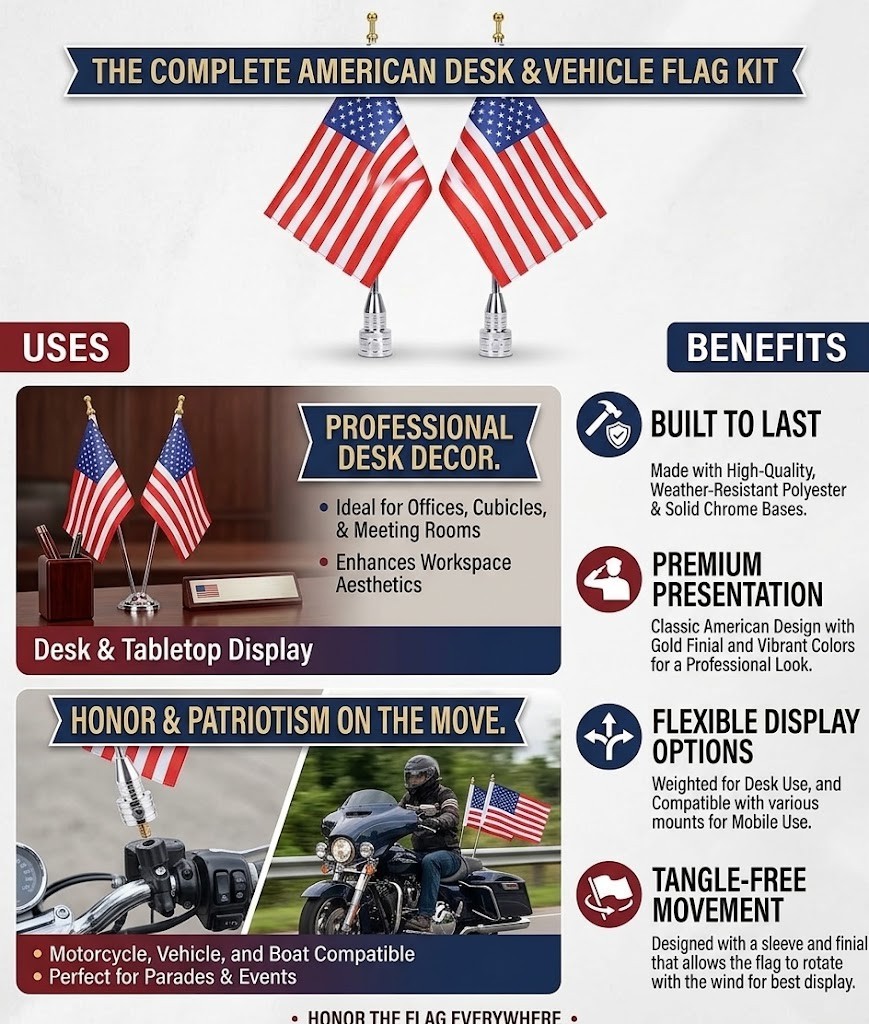 2 Kit of American Flag USA and Motorcycle Flag Pole Mount For Harley Honda Goldw