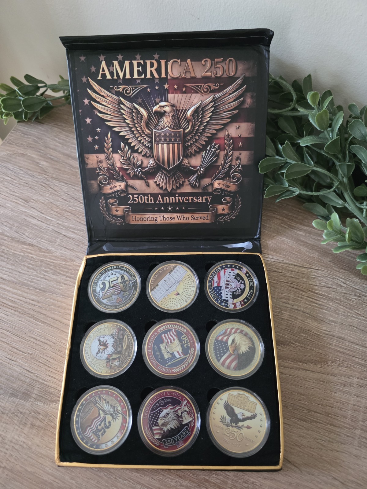 Set Of “9” 250th USA Anniversary Coins In Collector Box ***SEE DESCRIPTION*** Set Of “9” 250th USA Anniversary Coins In Collector Box ***SEE DESCRIPTION***