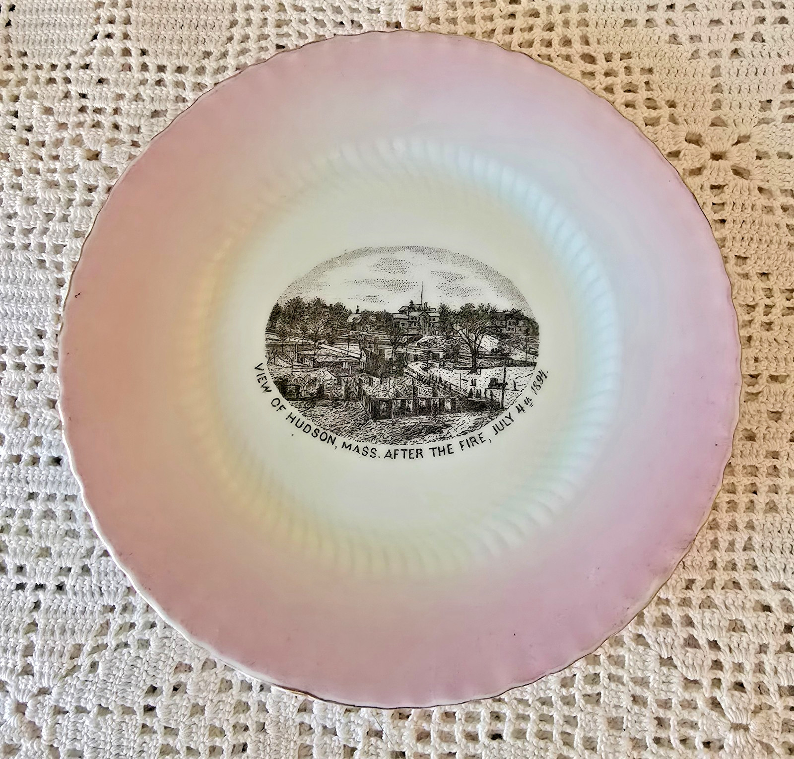 ANTIQUE 1894 HUDSON MASS, FIRE SOUVENIR PLATE, MADE IN GERMANY FOR SOLON WOOD CO ANTIQUE 1894 HUDSON MASS, FIRE SOUVENIR PLATE, MADE IN GERMANY FOR SOLON WOOD CO