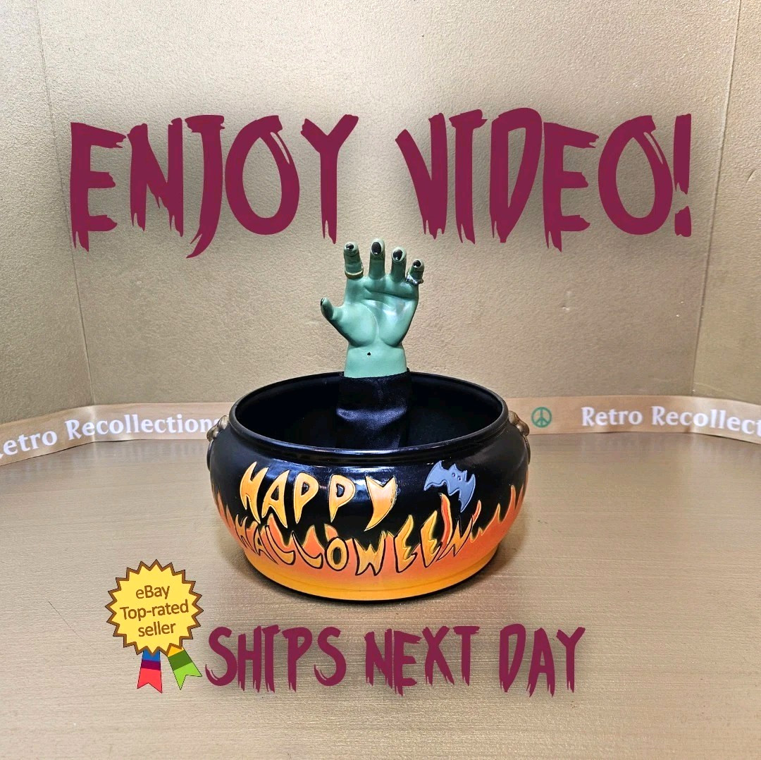 Gemmy Rare Halloween Witch\'s Cauldron Trick or Treat Bowl Talks, Motion Hand