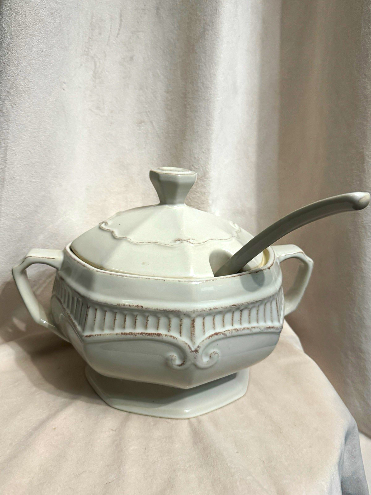 White Ceramic Octagonal Soup Tureen w/ Lid, Spoon, Handles, Glossy Finish