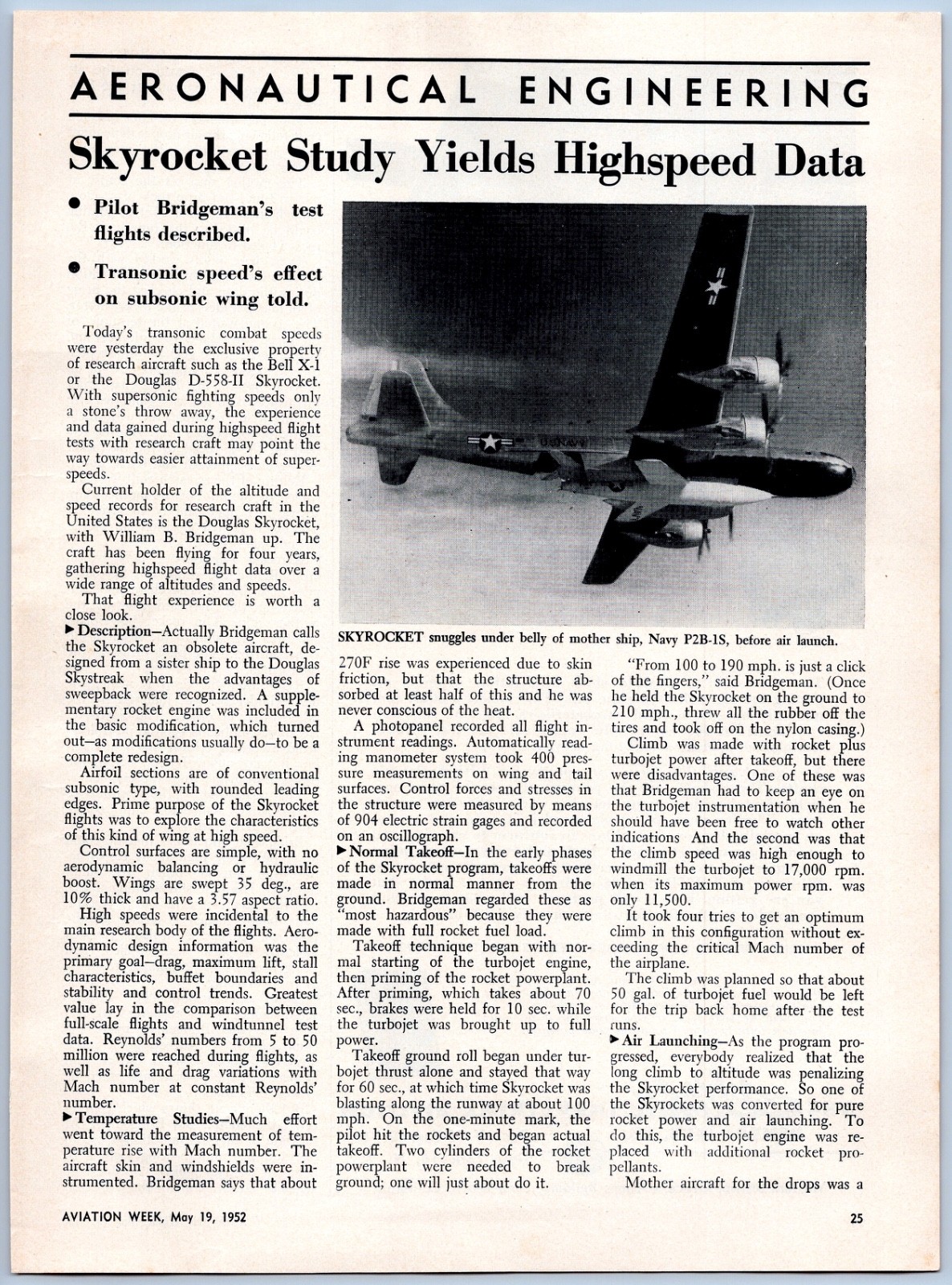 1952 Aviation Article - Douglas Aircraft D-558-II Skyrocket Test Plane Subsonic