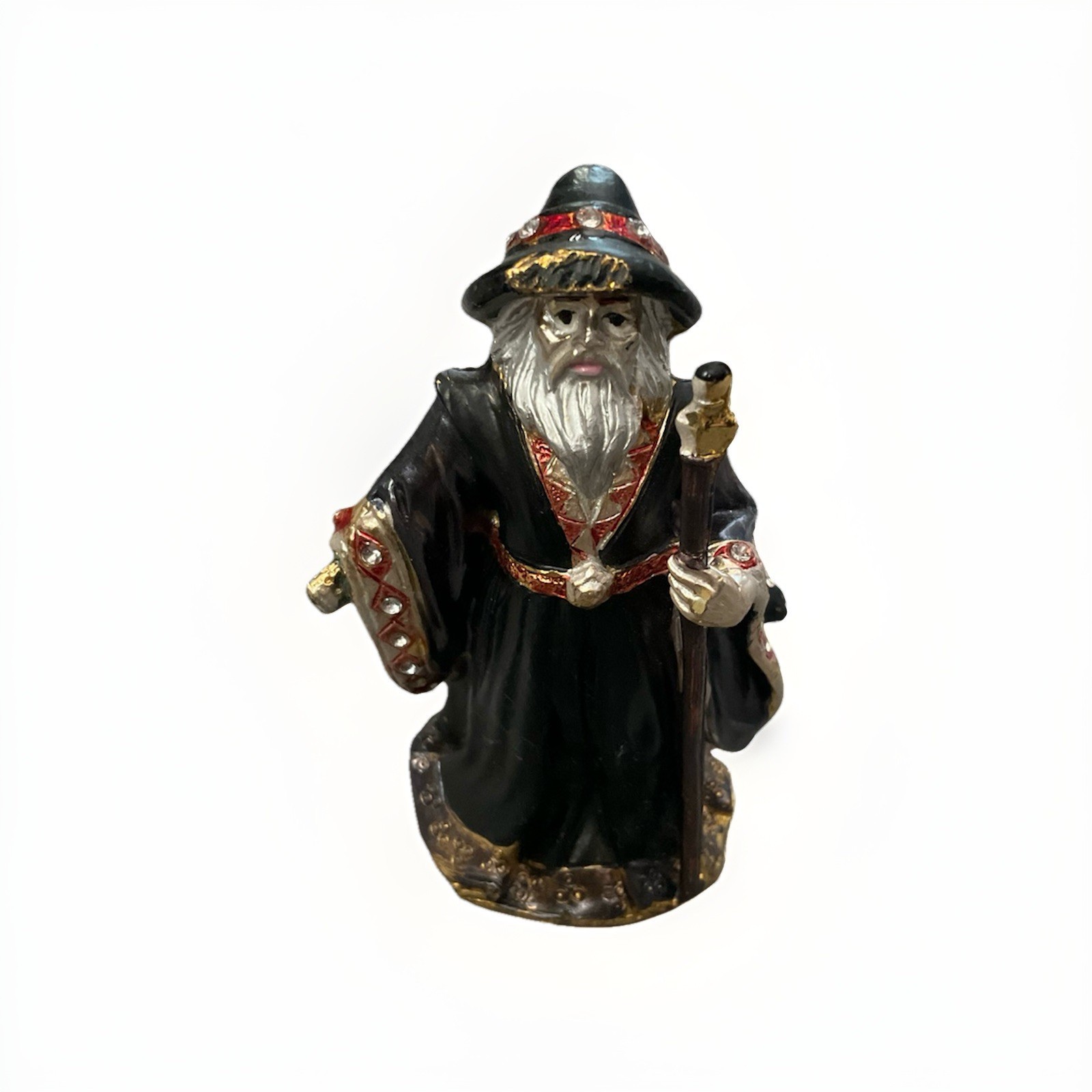 Heavy Cast Metal Wizard Figurine Jeweled Black Robe Staff Scroll 4\