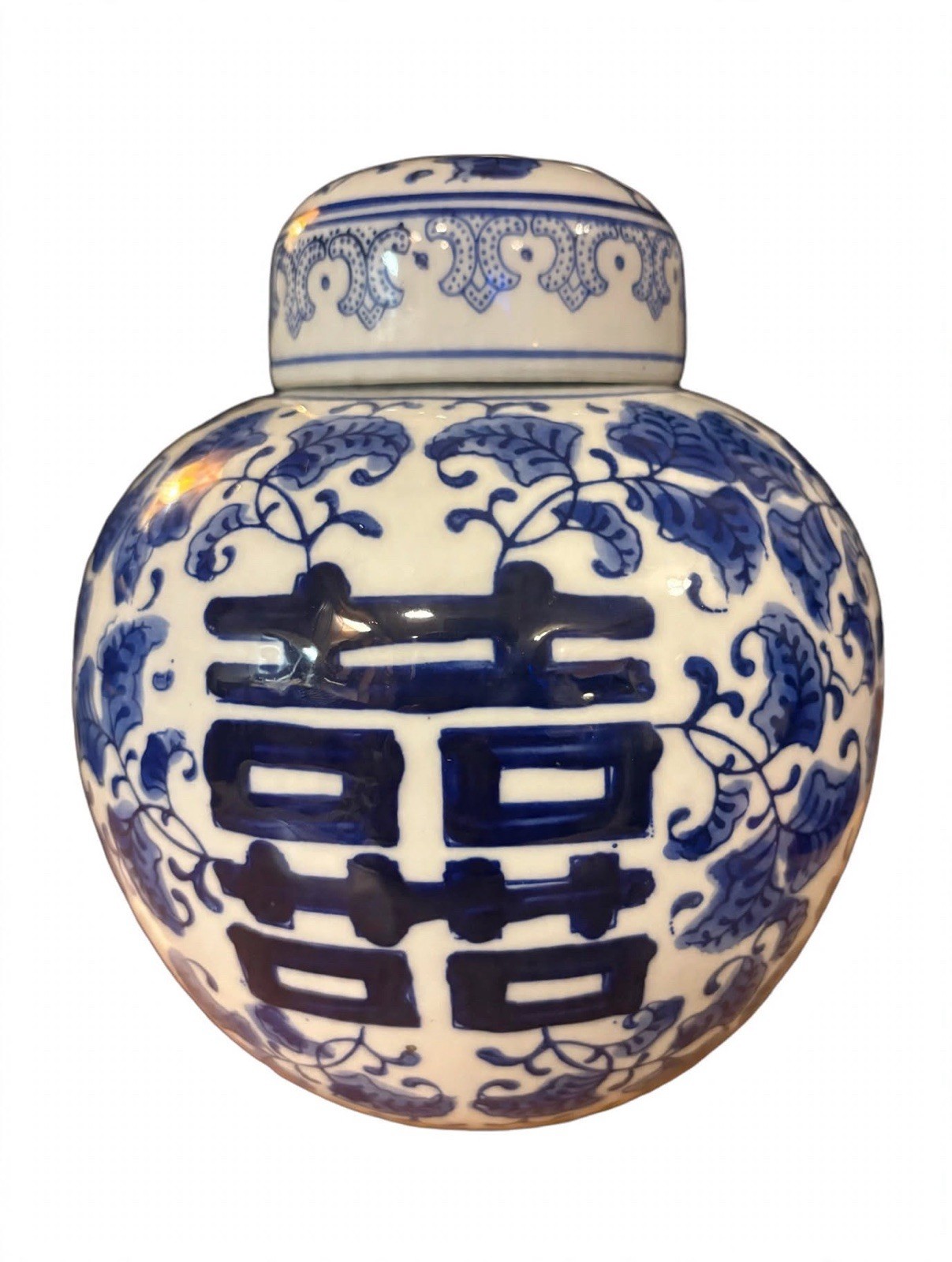 Vtg Chinese Blue & White Porcelain Ginger Jar Double Happiness Floral Lotus
