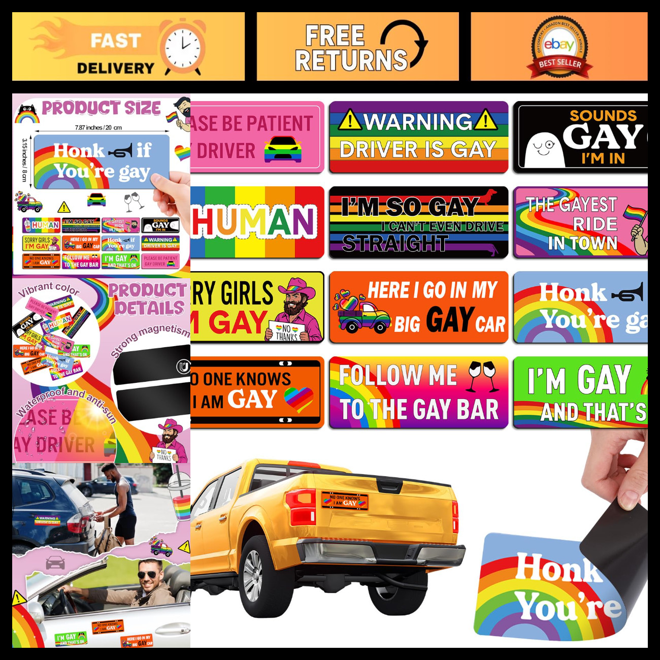 12 Pcs Funny Rainbow Car Magnets - Bumper Stickers, Prank Gifts, Stylish Decor 12 Pcs Funny Rainbow Car Magnets - Bumper Stickers, Prank Gifts, Stylish Decor