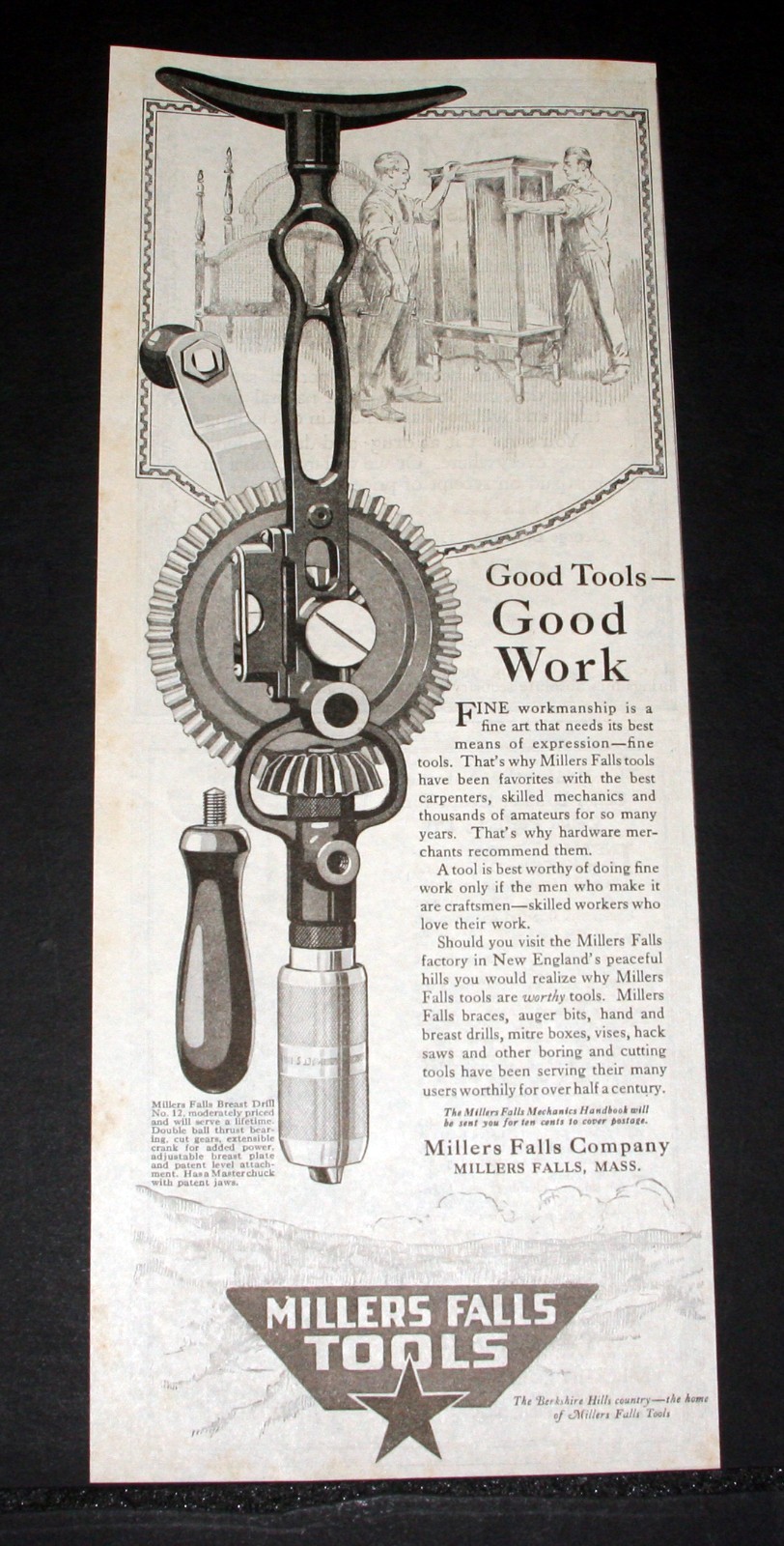 1920 OLD MAGAZINE PRINT AD, MILLERS FALLS BREAST DRILL, GOOD TOOLS-GOOD WORK