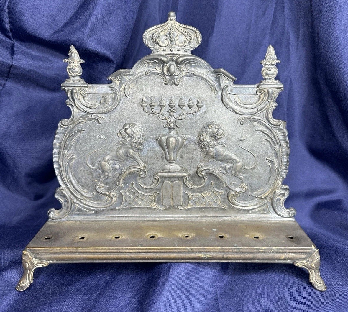 Antique WNF Hanukkah Menorah Silver Plated Pewter Lions of Judah Judaica 19th C