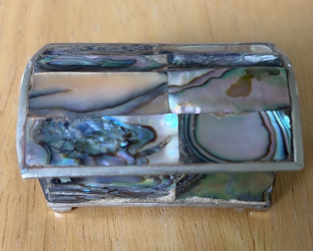 Alpaca Mexico Abalone Shell Trinket Box Silver Tone Jewelry Box