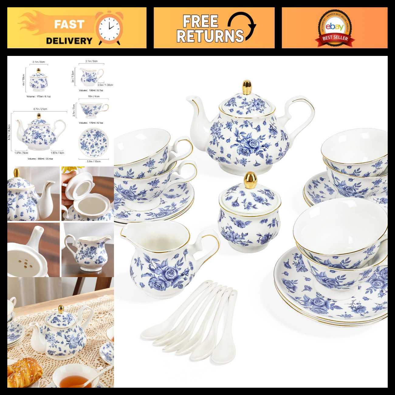Vintage Navy Blue Roses Ceramic Tea Set for 6 - 21-Piece Elegant Dining Set