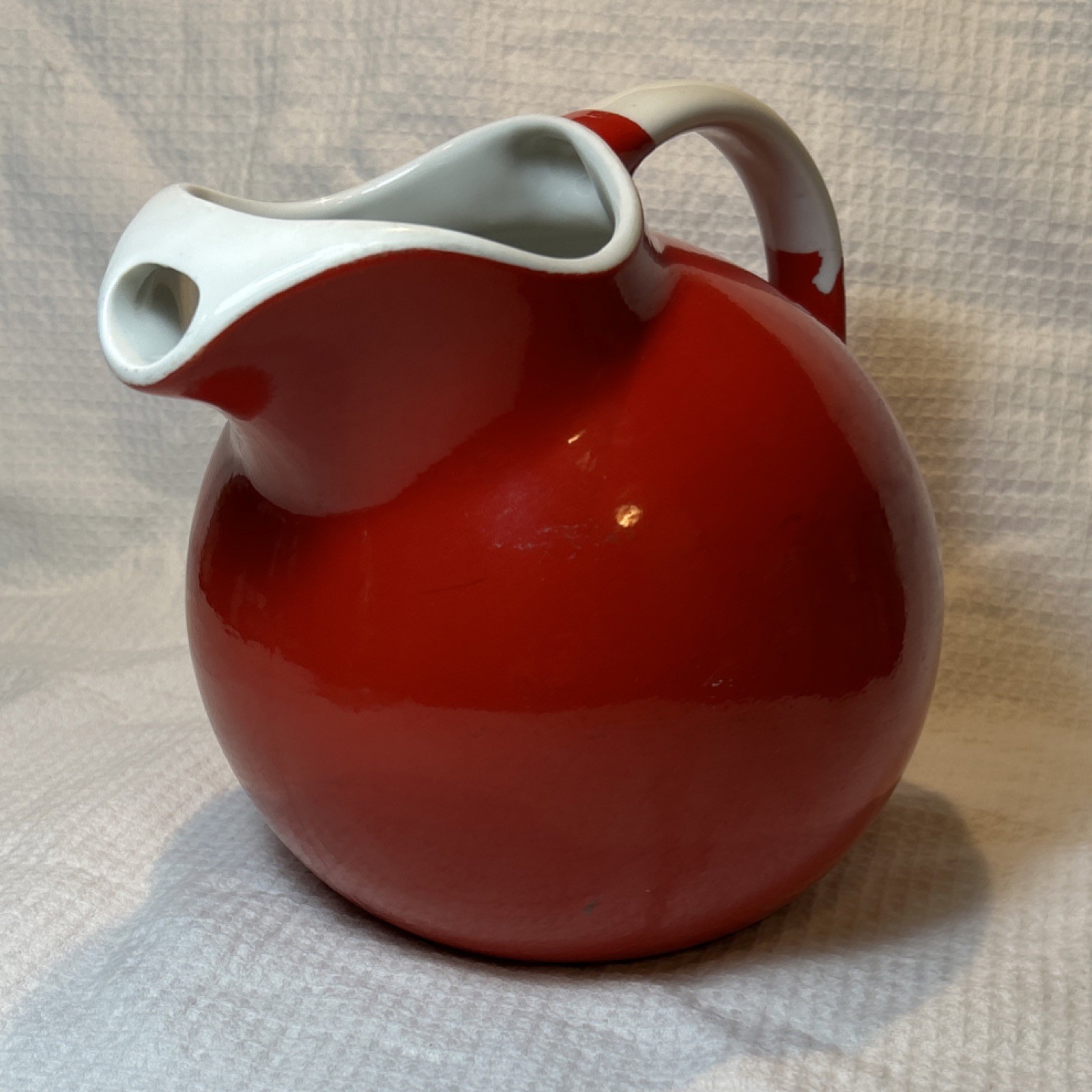 Hall Red Ceramic Glazed Pitcher with Handle Vintage Kitchenware Round Shape