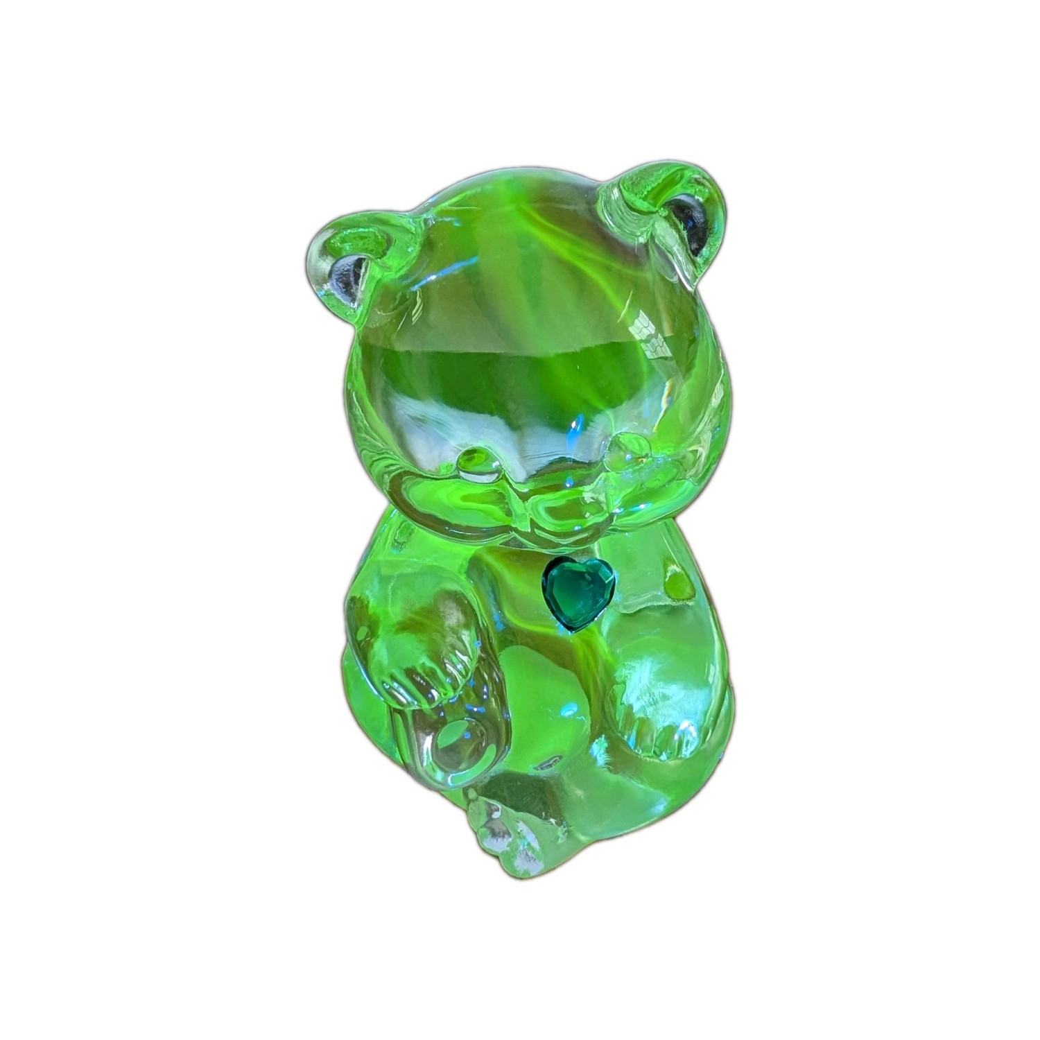 Vtg Fenton Art Glass May Birthday Bear Emerald Green Heart Paperweight Manganese