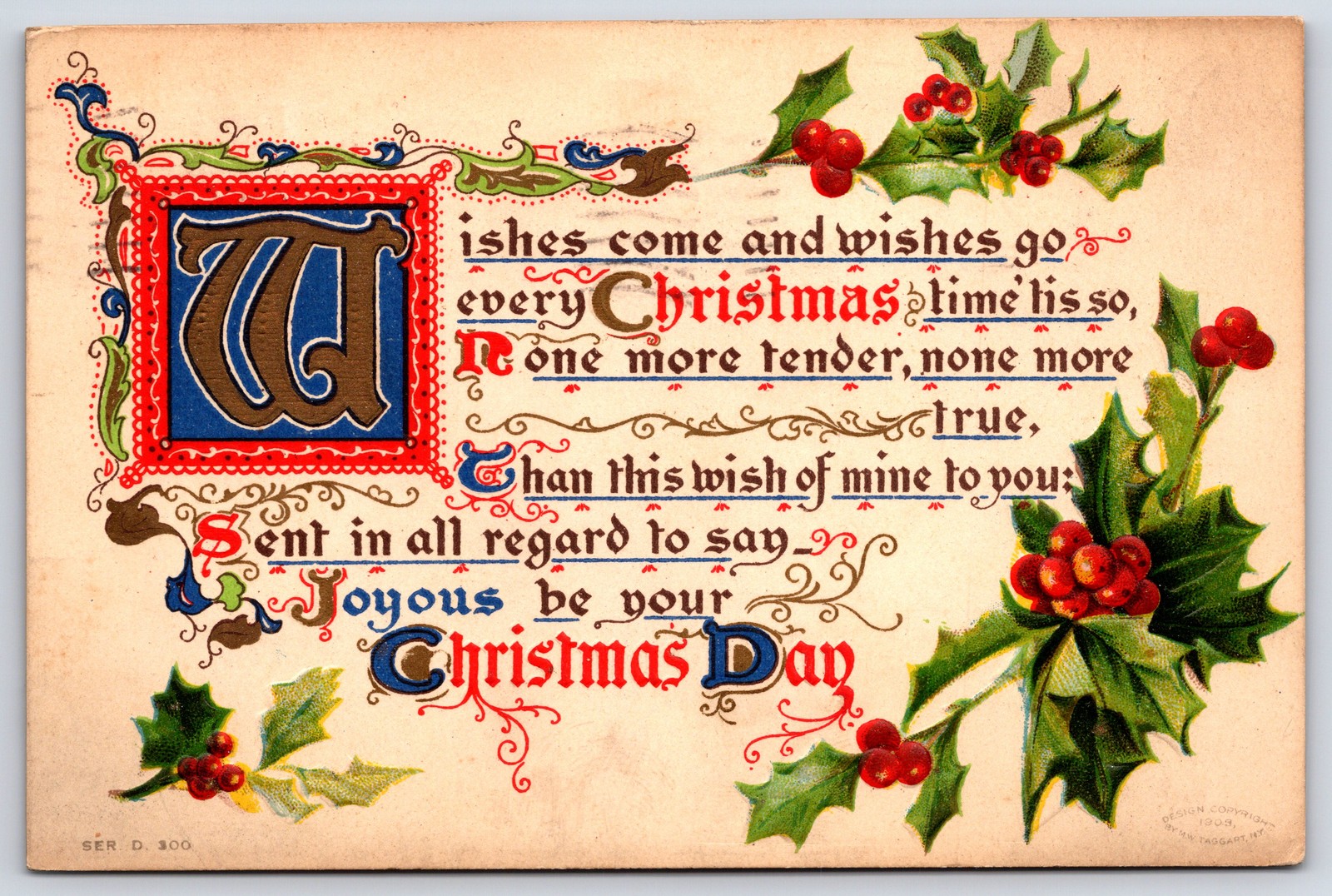 Antique 1909 Christmas Day Dad Holly Embossed Postcard Posted
