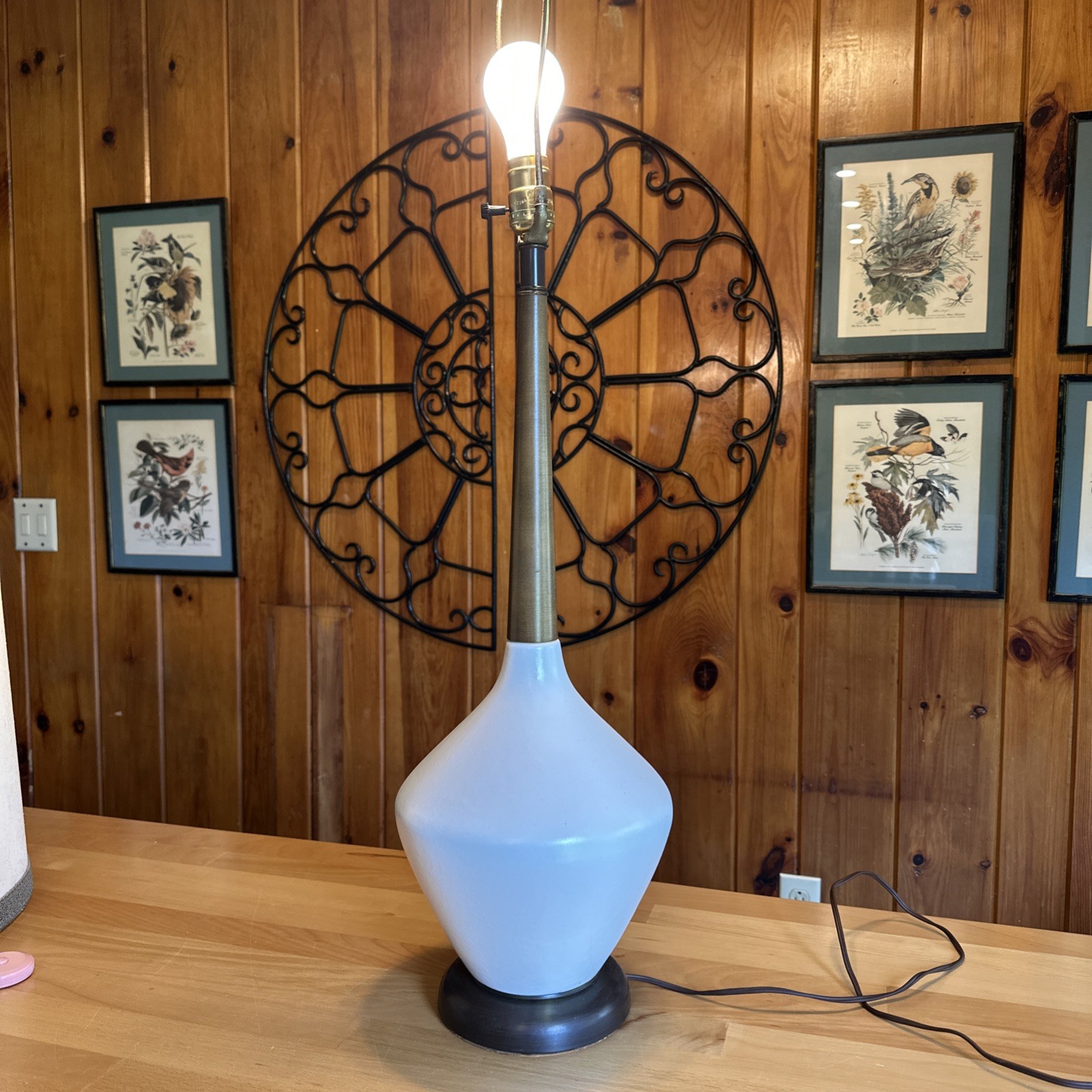 Vintage MCM Mid Century Danish Modern White Pottery & Walnut Table Lamp
