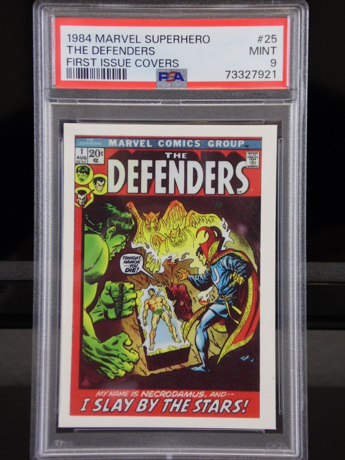 1984 MARVEL FIRST ISSUE COVERS CARD THE DEFENDERS #25 HULK | PSA 9 MINT LOW POP 1984 MARVEL FIRST ISSUE COVERS CARD THE DEFENDERS #25 HULK | PSA 9 MINT LOW POP