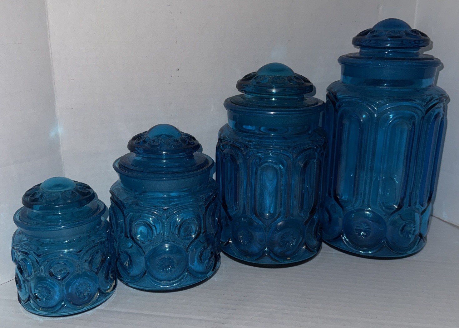 Vintage LE Smith Moon & Stars Colonial Blue Glass 4 Pcs. Canister Set