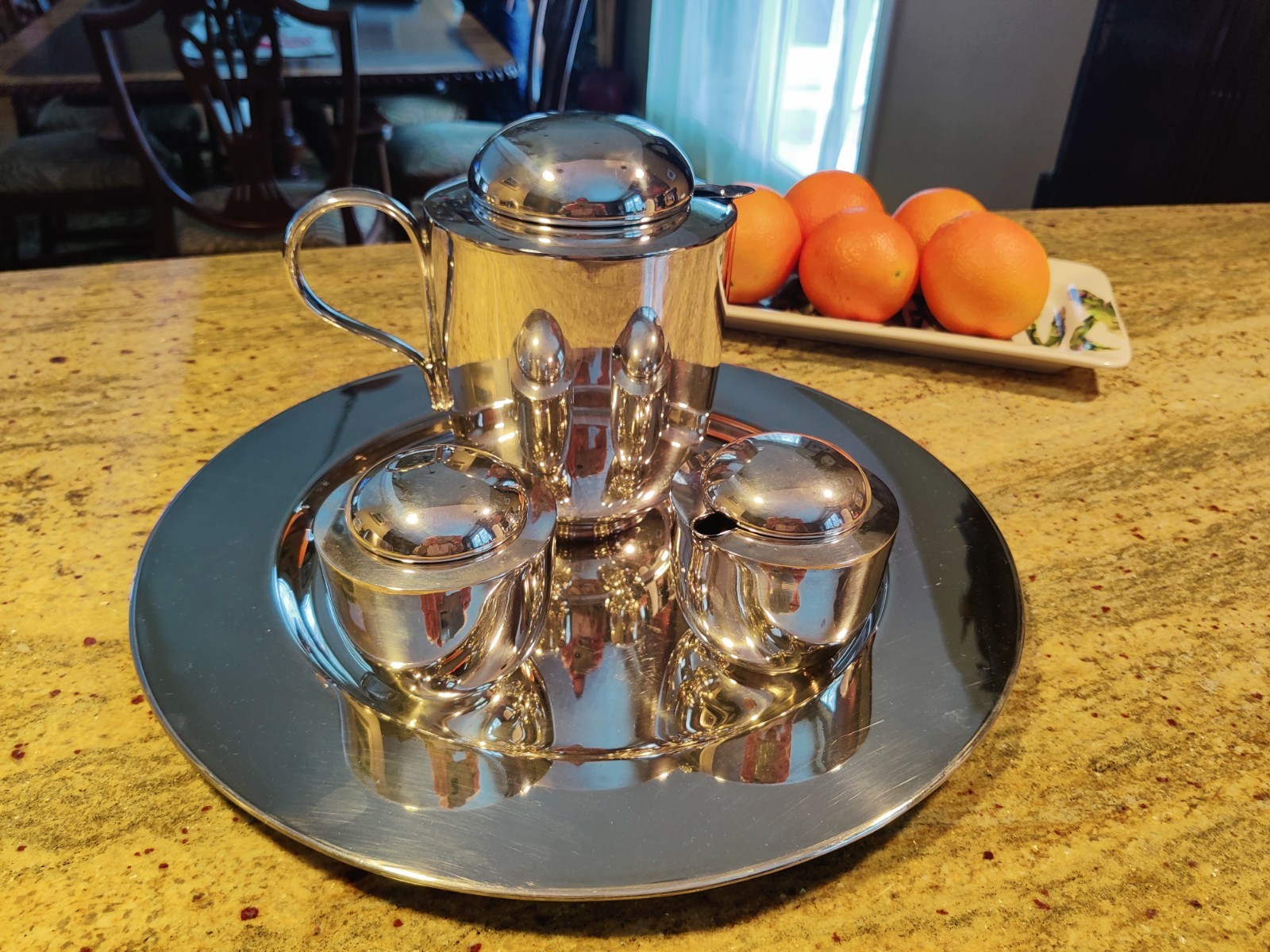 MCM DANSK SILVER PLATED TEA/COFFEE SERVICE WITH TRAY BY V. LORENZO PORCELLI 