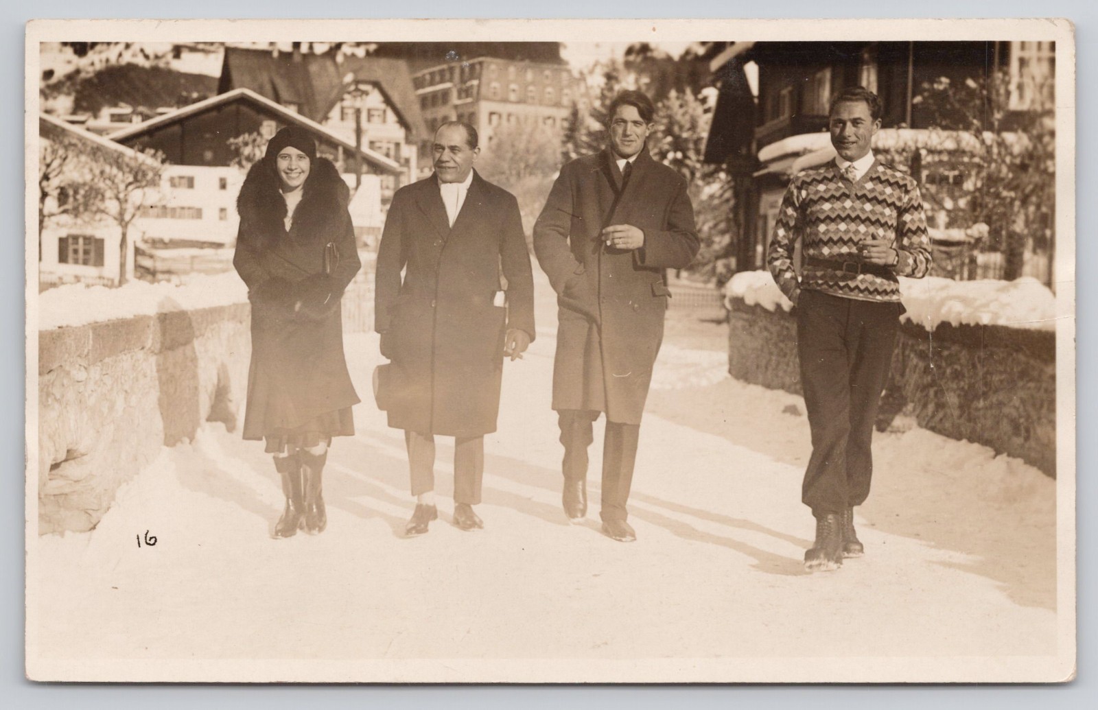 RPPC Group of Men Woman Walking in Snowy Winter Scene Postcard