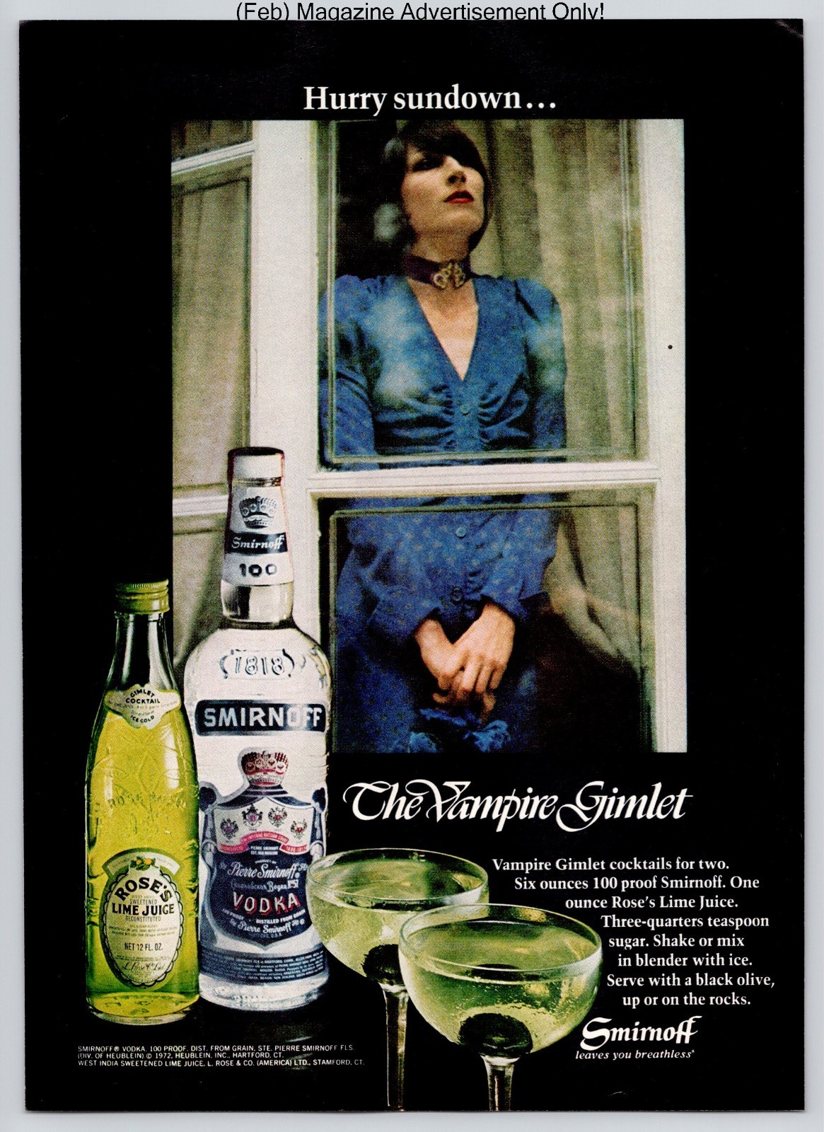 Vampire Gimlet Cocktail Smirnoff Vodka Vintage 1972 Advertisement