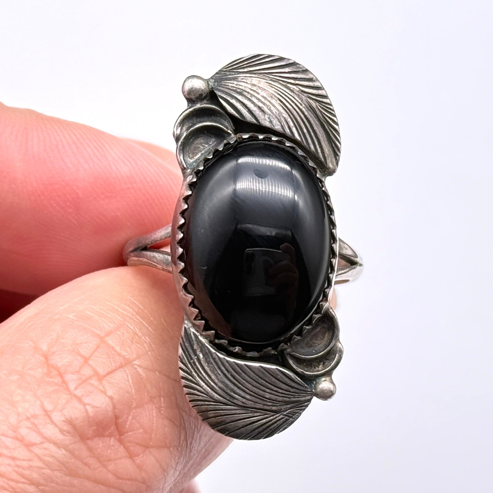 Vintage Southwestern Onyx Sterling Silver Ring Size 9.25