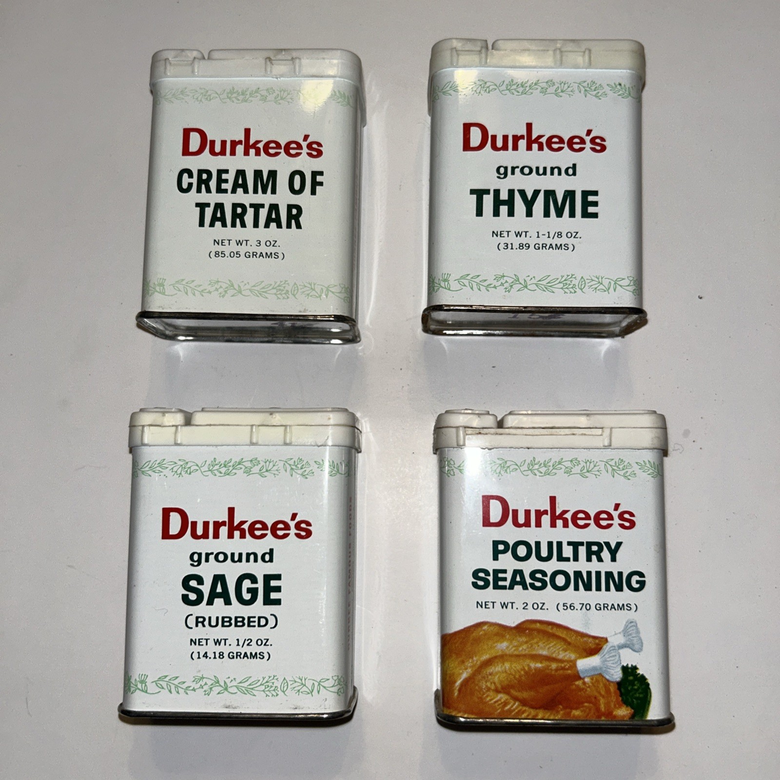 4 Tin Lot Durkees Cream of Tarter Thyme Sage Poultry Season Metal Spice Vintage 