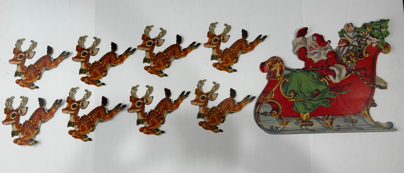 Vintage Set Dennison Christmas Santa & 8 Reindeer Die Cut Paper Decor 1960s USA