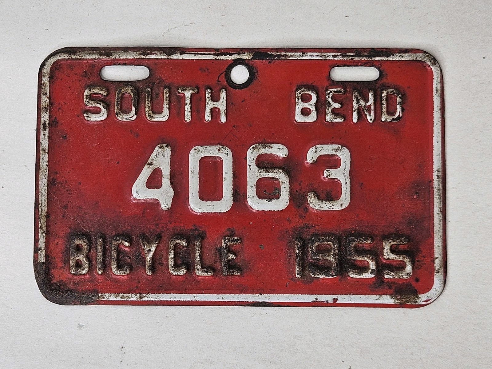 Vintage 1955 South Bend Indiana Bike Bicycle License Plate Red Metal IN 