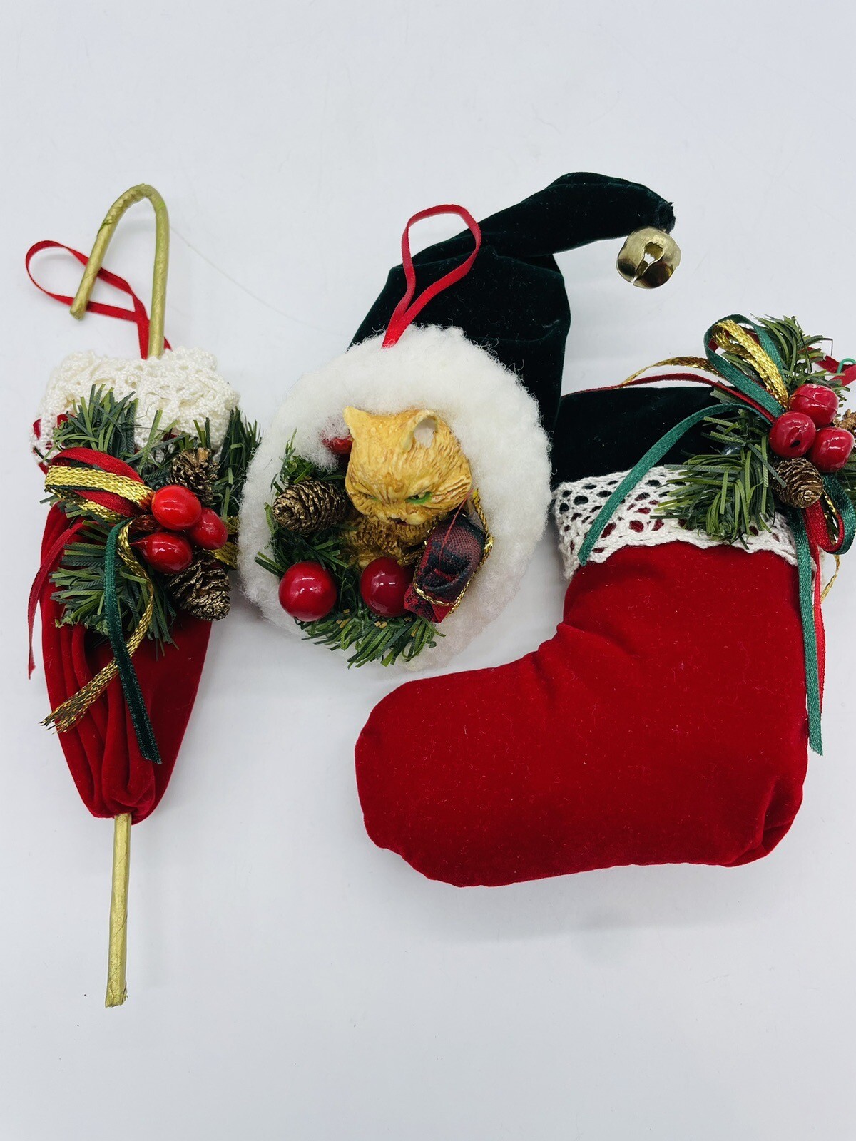 Lot of 3 Vintage Christmas Tree Ornaments Cat Lover