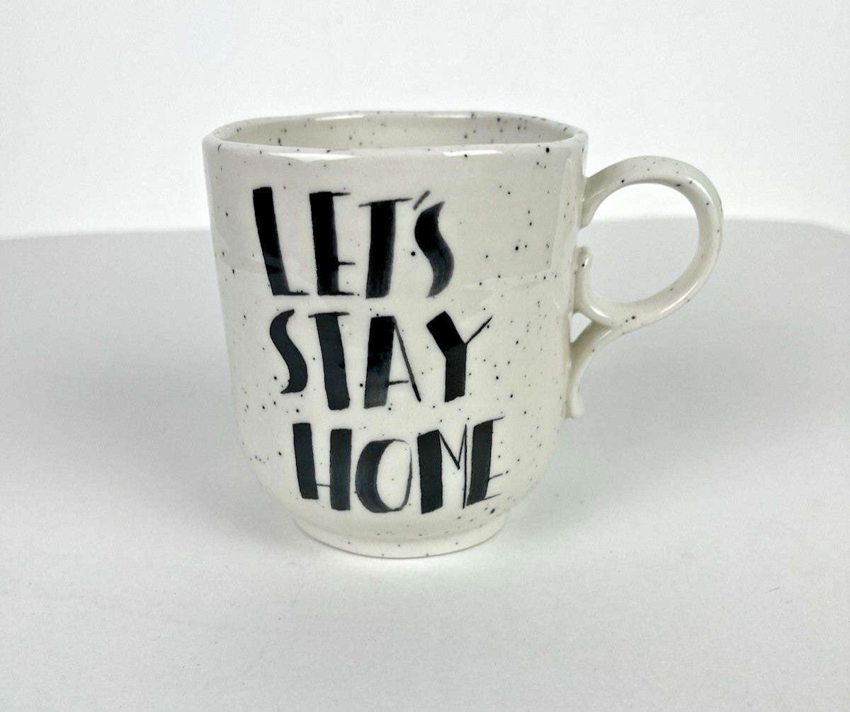 Anthropologie Let’s Stay Home Coffee Mug 14 Oz Cream Black Speckled Ceramic