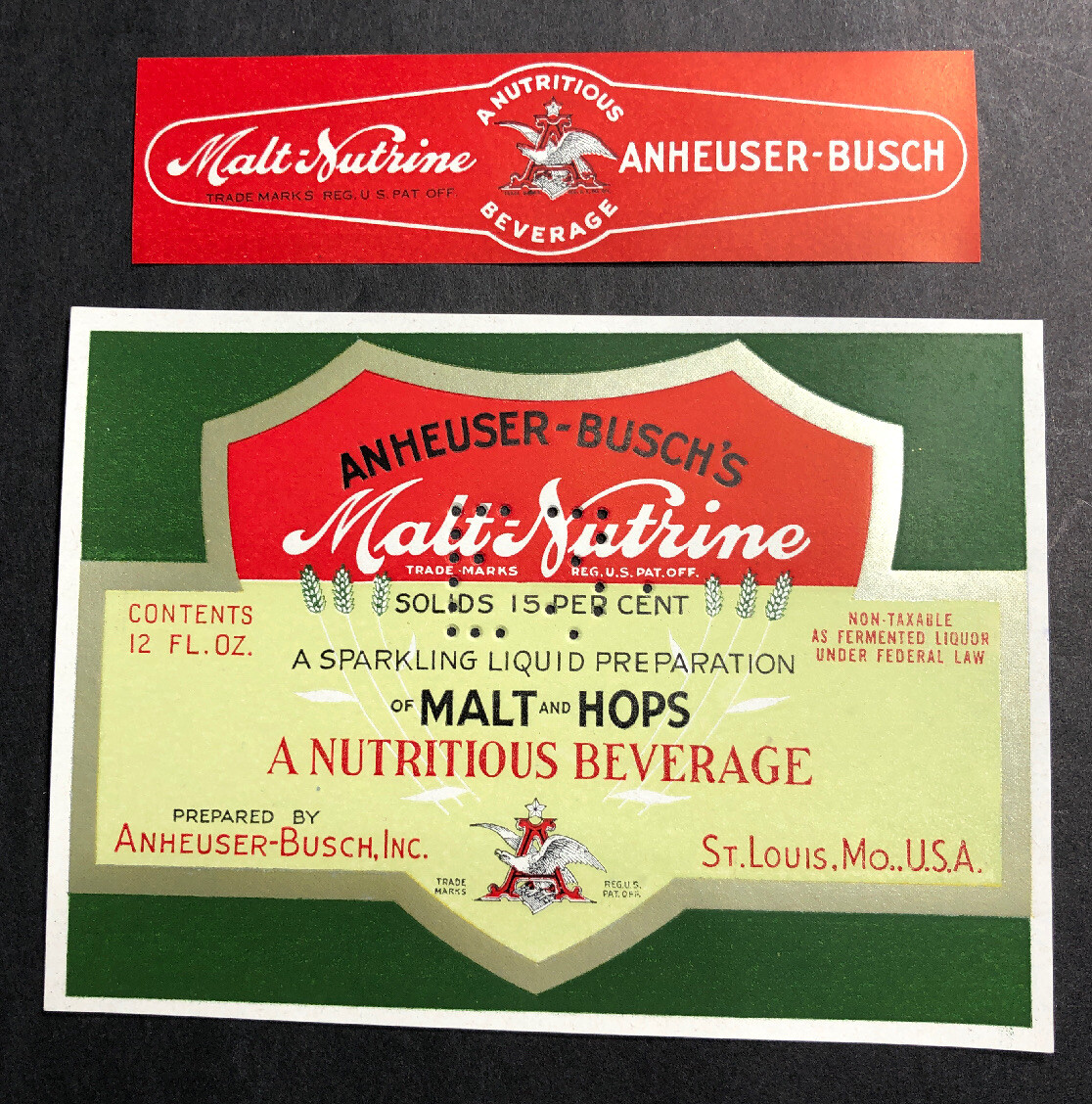 Anheuser Busch Malt Nutrine Prohibition Not IRTP Beer LabeI  St Louis Mo C1920s