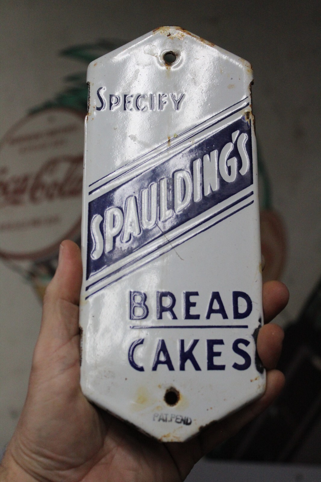 1950s SPECIFY SPAULDING\'S BREAD CAKES STAMPED PORCELAIN METAL SIGN MUFFINS BREAD