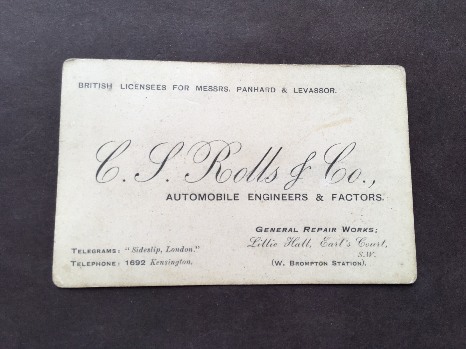 V.RARE PRE 1906 VINTAGE C.S.ROLLS&Co AUTOMOBILE ENGINEERS&FACTORS BUSINESS CARD