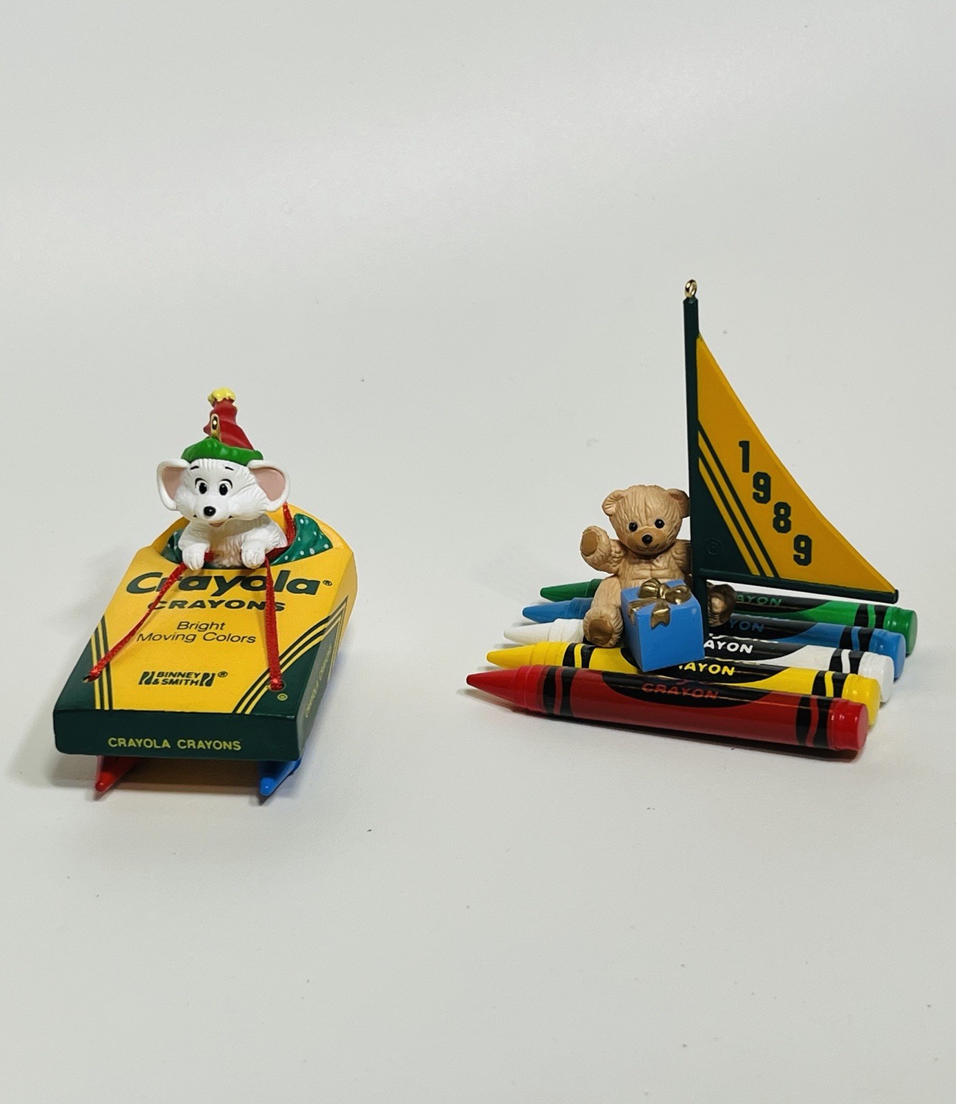 Lot of 2 Vintage Hallmark Crayola Crayon Ornaments 1989 Bright Journey 1990 Sled