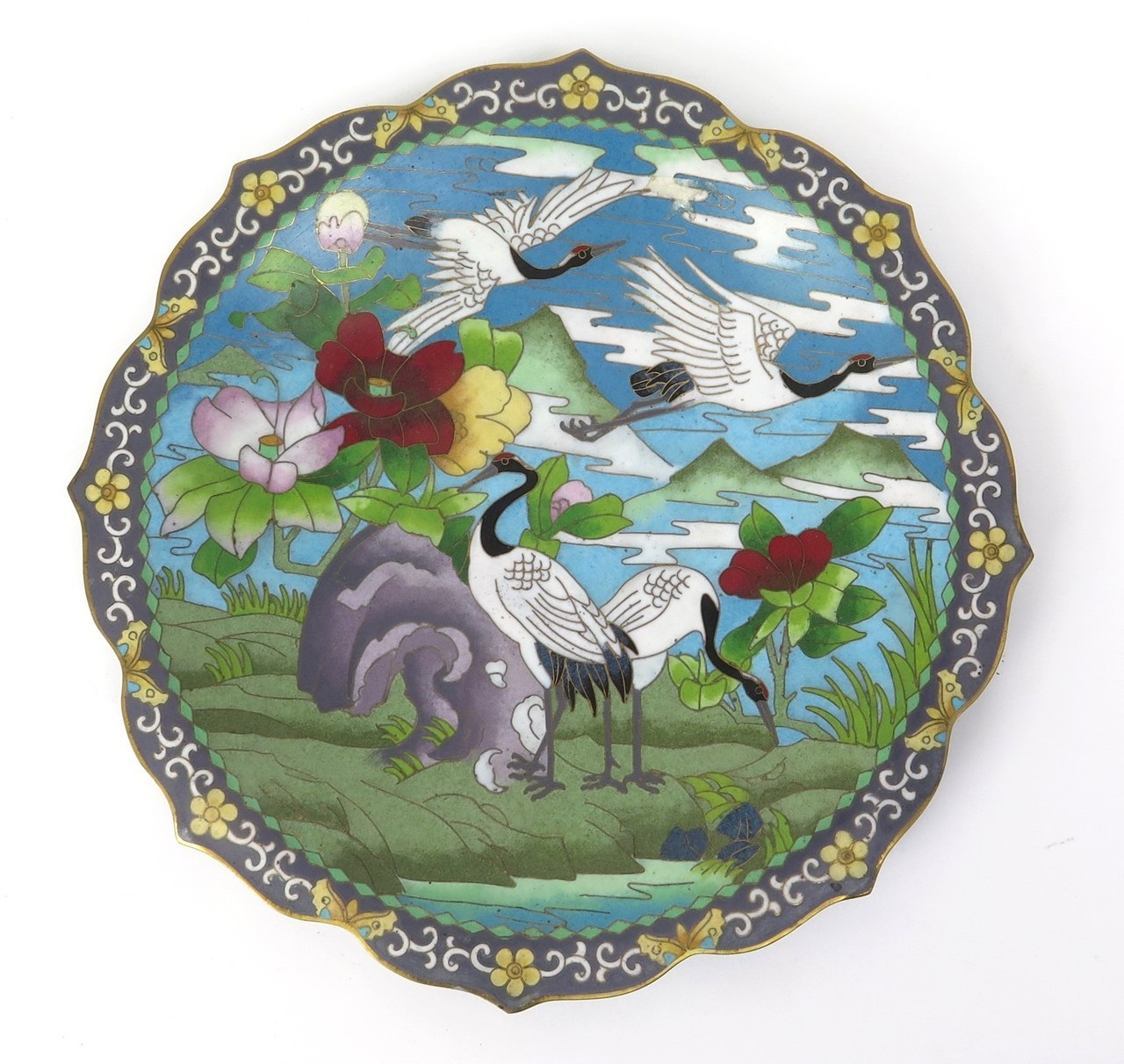 Vintage Jingfa Chinese Cloisonne Decorative Plate Featuring Swans 10\