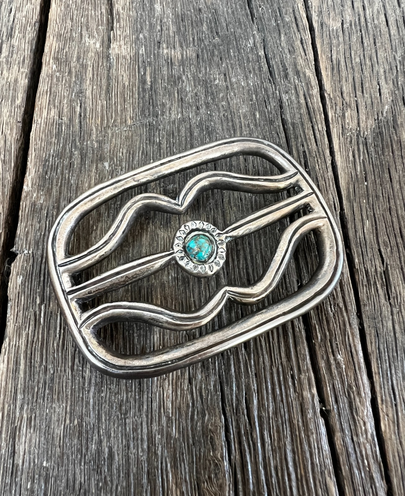Vintage Sterling Silver Navajo Style Belt Buckle With Turquoise Accent - 3 1/4
