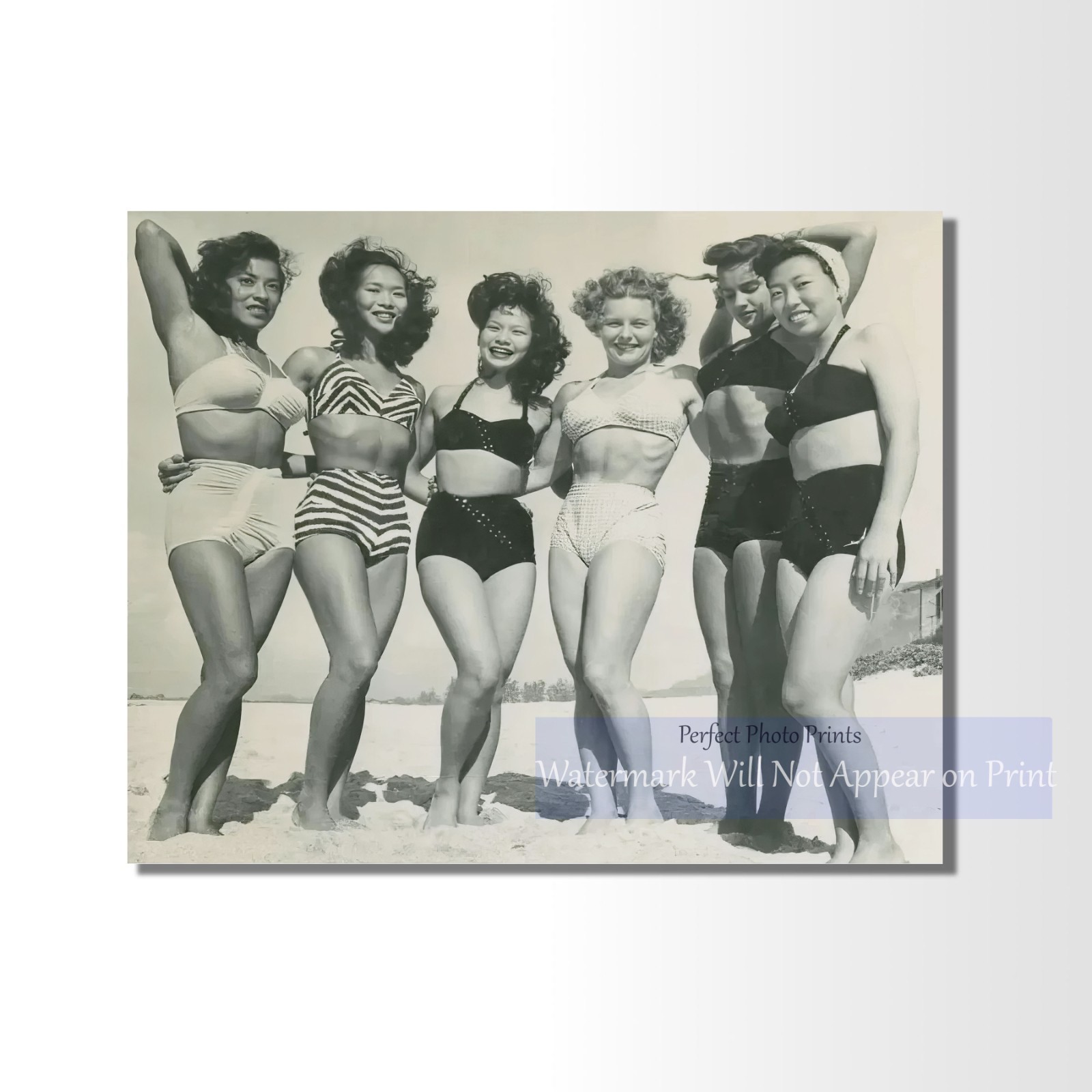 1940s Hawaiian Beach Photo Print – Women Posing at Beach  Giclee Fine Art Print