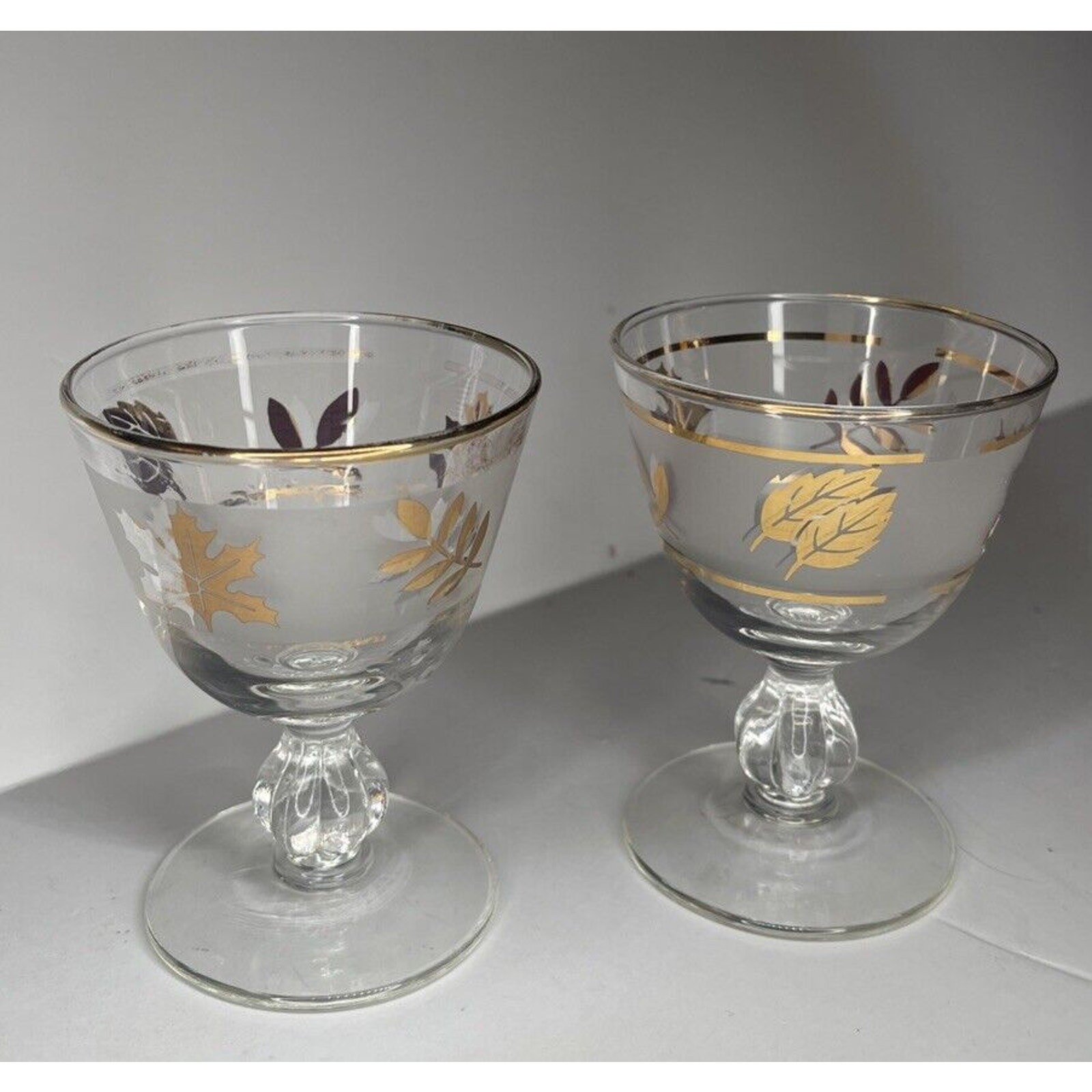 MCM- Libbey Glassware GOLDEN FOLIAGE Frosted Liquor Cocktail Glasses ~ Set of 2