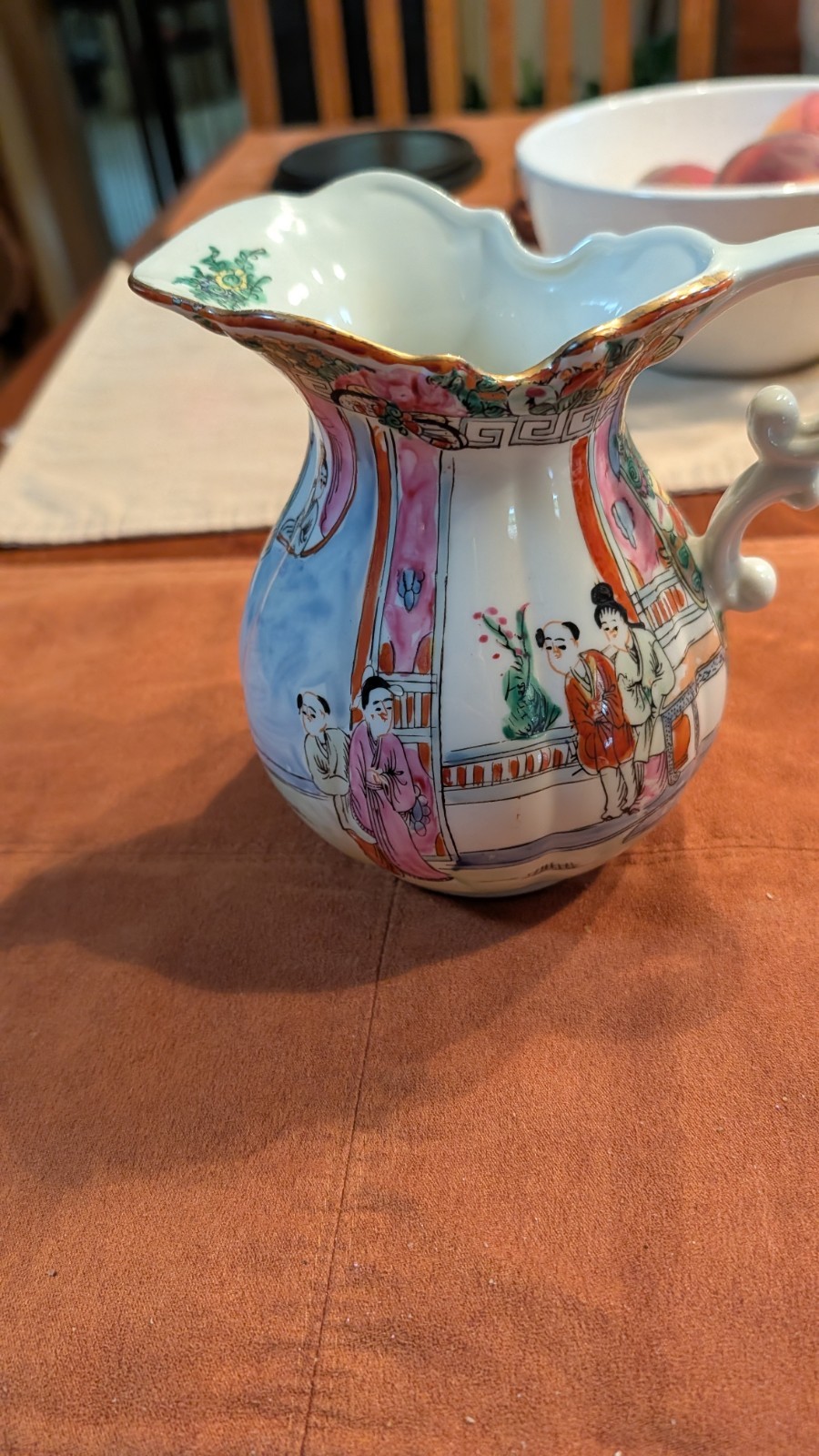  Vintage Chinese Porcelain Famille Rose Handled Pitcher 