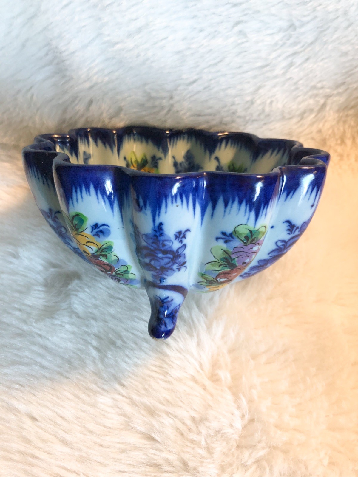 Vintage Vestal Alcobaca Portugal Blue Floral Footed Bowl #564 Grandma Core