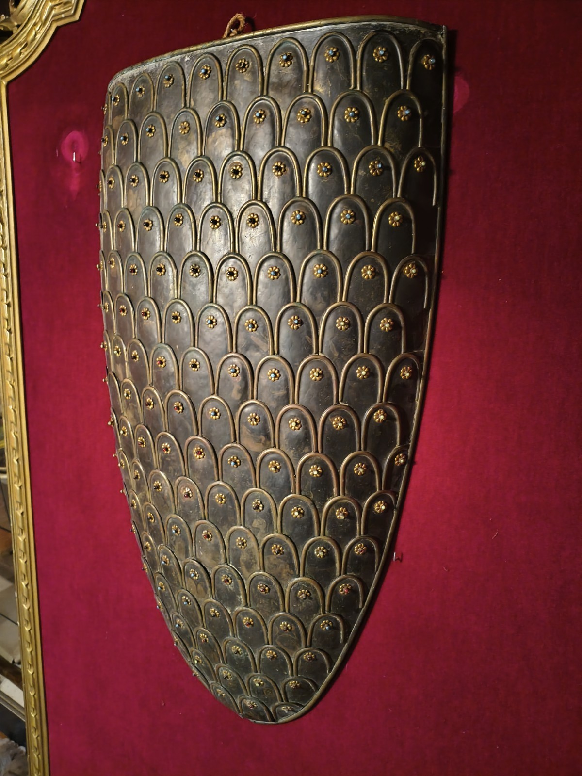 Old Antique Hungarian Or Polish Shield Castle Decoration Gilt Brass And Stones 