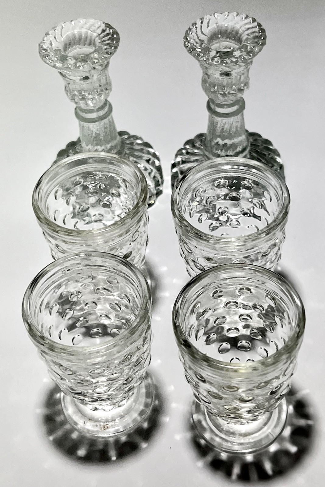 2 Pc Miniature Clear Glass Candle Holders with 4 Hobnail Clear Glasses 2-3/8\
