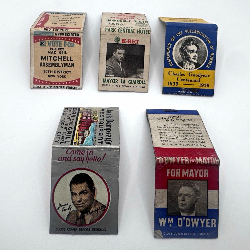 5 Vintage Matchbook Covers La Guardia O'Dwyer Jack Dempsey Goodyear 1939
