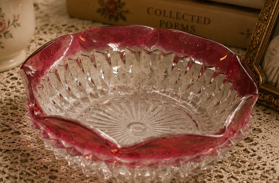 Indiana Glass Diamond Point Ruby Flash Sauce Dish Liner Underplate 5”