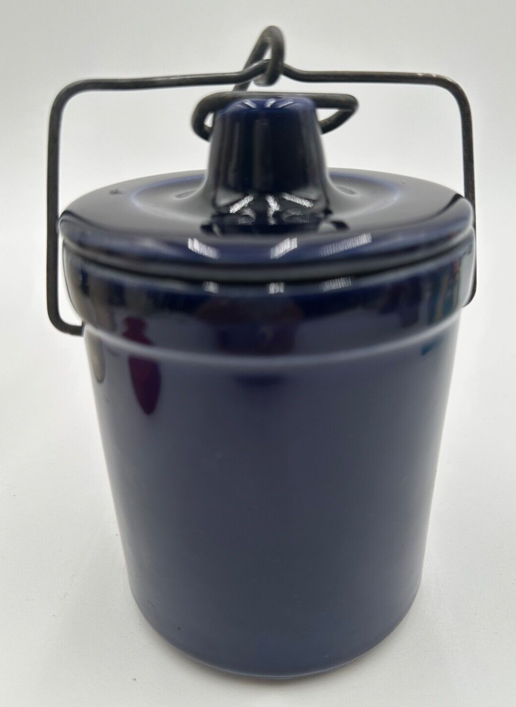 Vintage Cobalt Blue Stoneware Cheese Butter Crock with Wire Closure Lid Dish 5”T