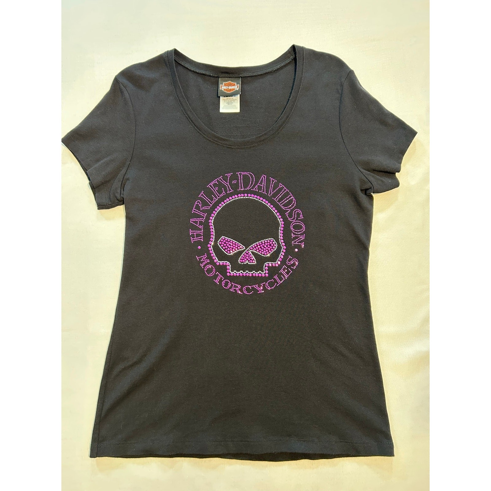 Harley Davidson Women\'s Skull Rhinestone T-Shirt Black Purple XL