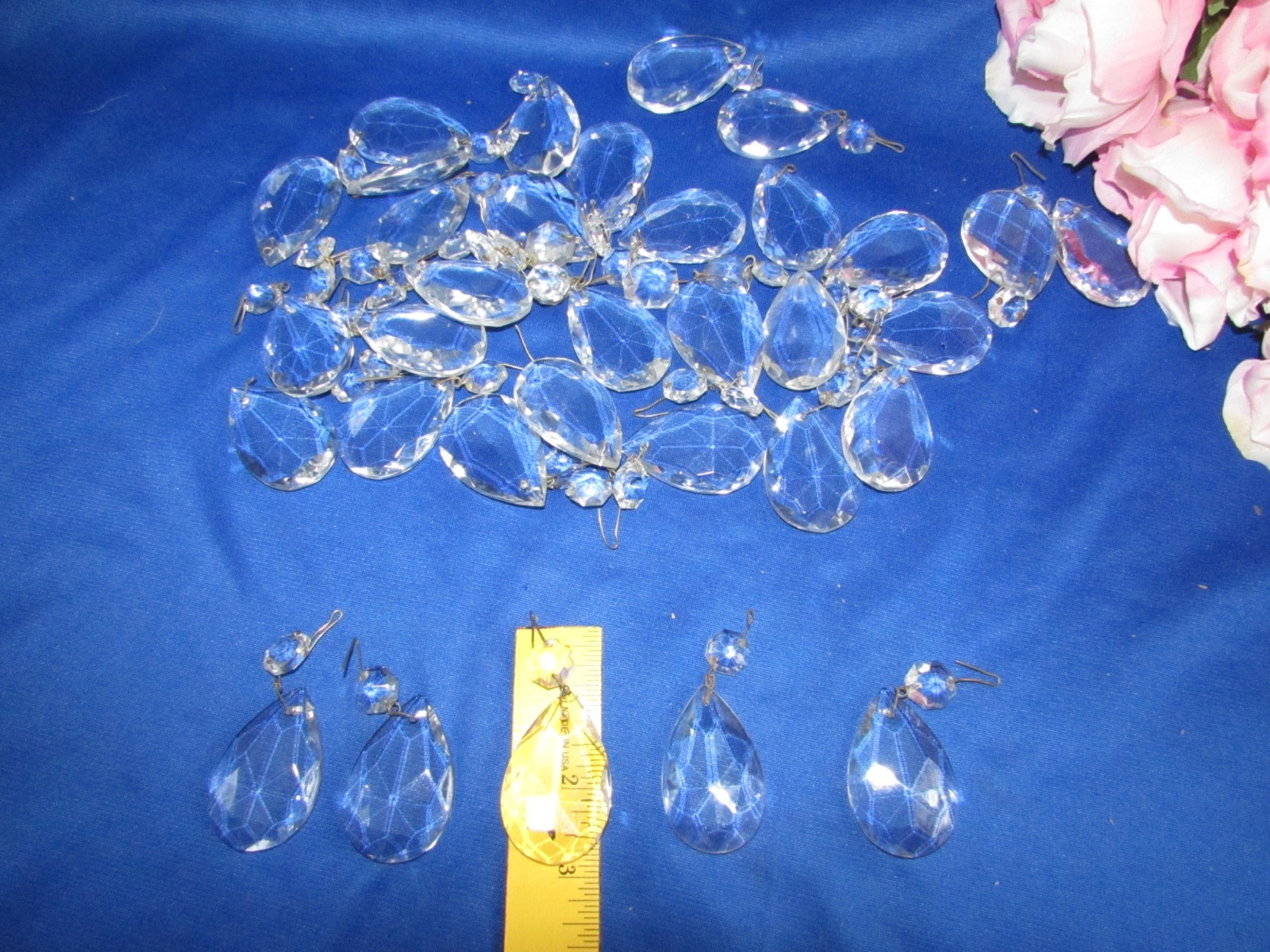 VINTAGE LOT 33 FACETED CRYSTAL TEARDROP PRISMS W TOP BEADS 2 3/4