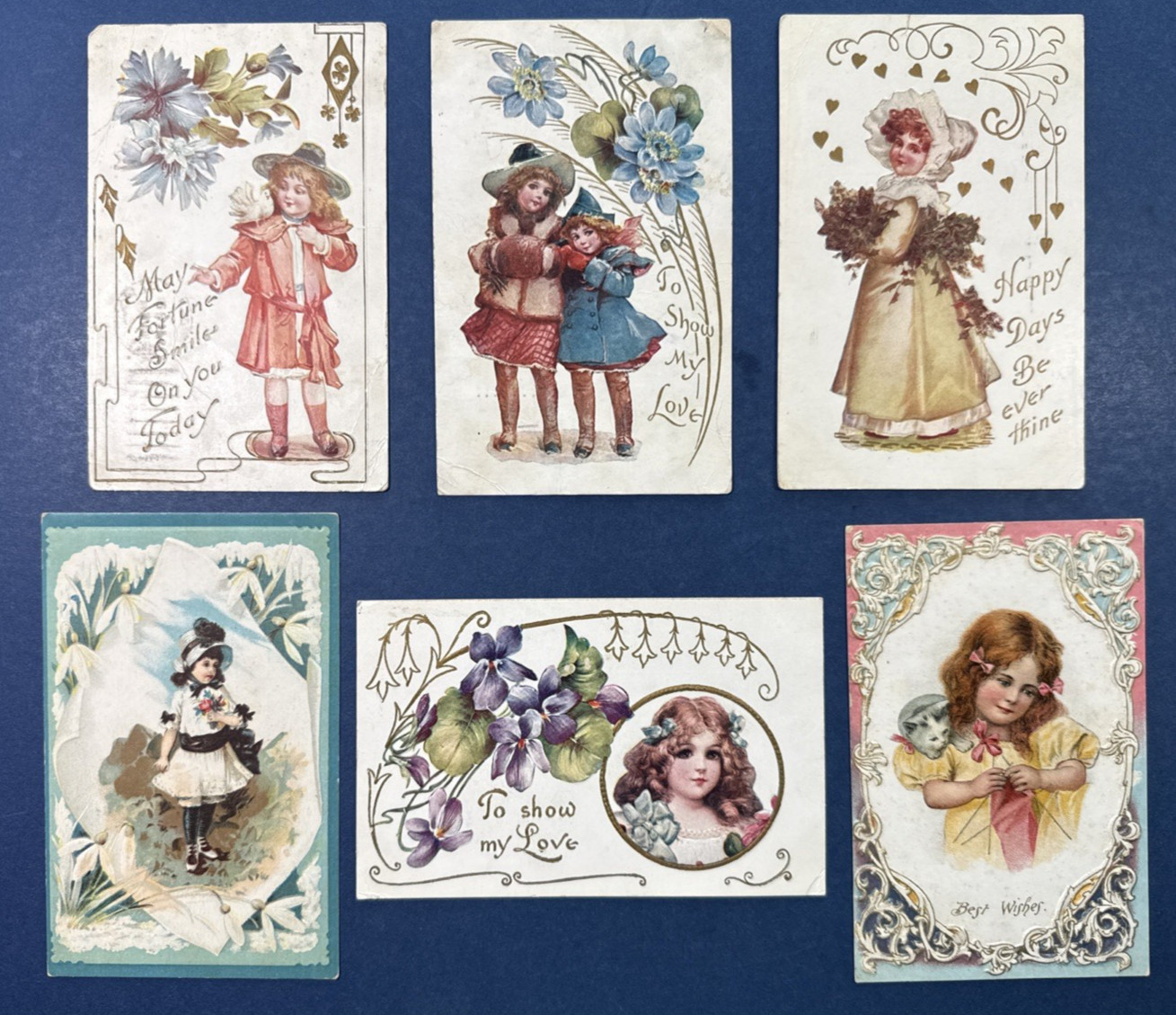 6 Children Greetings Antique Postcards. Drawn. EMB, Gold. Flowers. 1905-08 era
